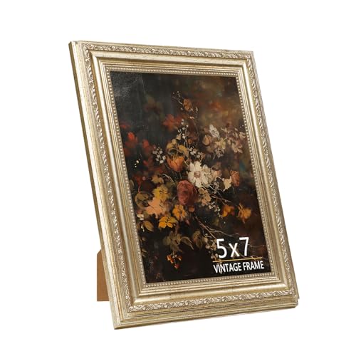 5x7 Ornate Vintage Picture Frame, Distressed Champagne Silver Photo Frame 5 x 7 with Gold Floral & Beaded Details, Antique-Style Wall & Tabletop Decor for Home Office – 1 Pack - color: Distressed Champagne Silver, size: 5x7 - 1 Pack