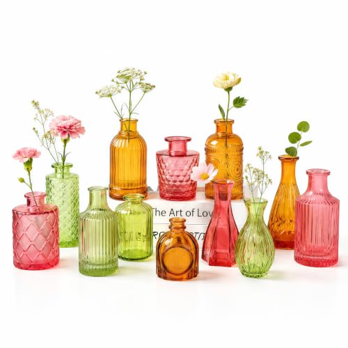 12 Pcs Colorful Glass Bud Vase Set | Vintage Textured Small Flower Vases for Centerpieces, Wedding Table Decor, Home Party Decorations & Gifts - color: Multicoloured-12pcs, size: 12Pcs