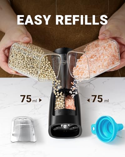 Sangcon 2-in-1 Rechargeable Salt and Pepper Grinder, USB-C Charging Base, One-Handed Automatic Grinder with Adjustable Coarseness & Light, Dual-Chamber Refillable Mill, Housewarming Gifts for Cooks - color: Gunmetal Plus