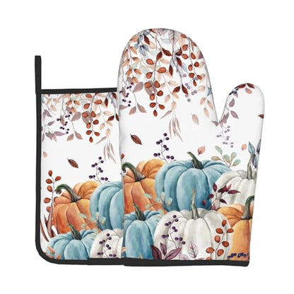 Giwawa Fall Orange Pumpkin Oven Mitt Potholders Sets Eucalyptus Leaves Heat Resistant Oven Glove Set of 2 Kitchen Hot Pads for Cooking Baking BBQ - color: Fall Orange Pumpkin