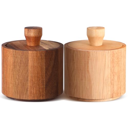2 Pcs Wooden Pepper Salt Box Cellar with Lid Set Rustic Pepper Holder Condiment Pots Small Salt Keeper for Kitchen Spice Sugar Trinket Gift, 3.35 x 2.95 Inch