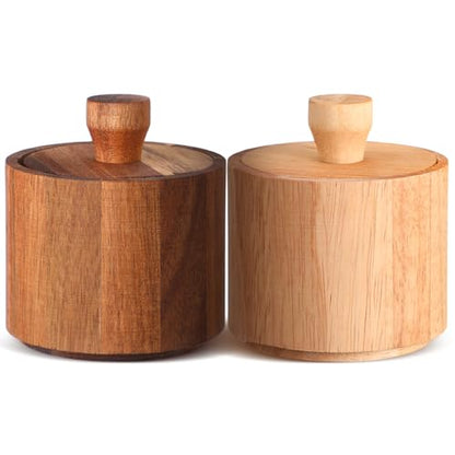 2 Pcs Wooden Pepper Salt Box Cellar with Lid Set Rustic Pepper Holder Condiment Pots Small Salt Keeper for Kitchen Spice Sugar Trinket Gift, 3.35 x 2.95 Inch