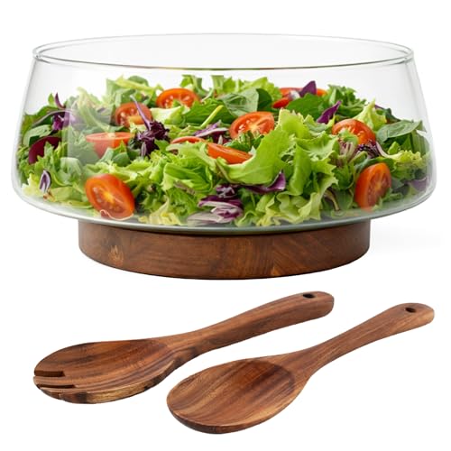 MIAMIO - Glass Salad Bowl Set/Salad Bowl with Serving Utensils (120 oz) | Glass Salad Bowl with Wood Base, Large Salad Bowl with Cutlery / Glass Fruit Bowl / Trifle Dish / Glass Serving Bowl
