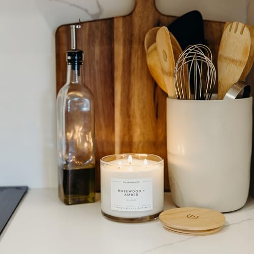 Rosewood & Amber 3 Wick Scented Candle - 43 Hour Burn | Made in the USA Luxury Clean Soy Wax Candles - Long Lasting Large Glass Jar Candle for Home - 3 Wicks - 14.9oz - color: Rosewood + Amber