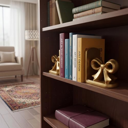 SiliFine 2 Pcs Gold Bow Bookends Cute Resin Bookends Heavy Duty Decorative Book Stand Decor Sculpture Statues Tabletop Shelf Ornament for Desk Home Office Decoration Teacher Back to School Gifts