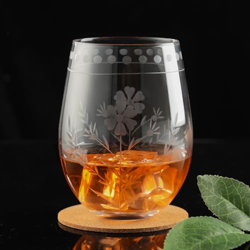 Joeyan Hand Blown Etched Stemless Wine Glasses,Carved Red and White Wine Tumbler with Floral Pattern,Clear Drinking Glass Cups,Glassware for Birthday Party Anniversary,19 oz,Set of 4,Dishwasher Safe - color: Wine Glasses