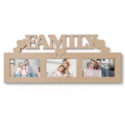 FAMILY Multi Photo Frame Wall Decor, One-Piece MDF 3 Opening 4x6 Picture Frame Collage, Rustic Farmhouse Wall Hanging Frame, Durable Melamine Finish, Easy to Hang, Display Family Memories (Wood Grain 21.3” x 9.4”) - color: wood grain, size: 21.3"x 9.4"(3-