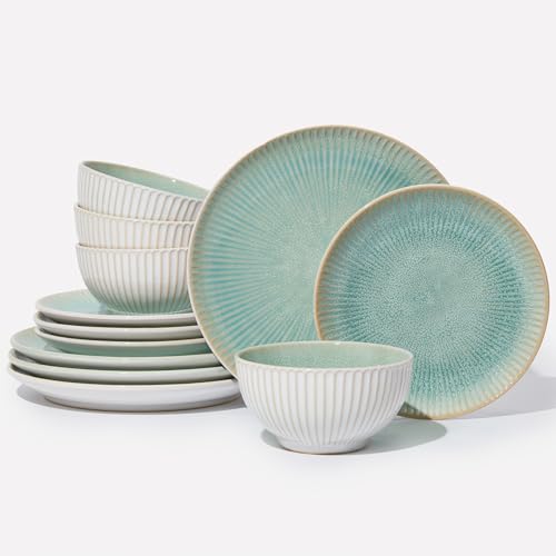 Ceramic Dinnerware Sets for 4, 12pcs Plates and Bowls Sets Dish Set | Stoneware Dishware sets, Microwave & Dishwasher Safe, Cereal Bowls and Dinner Plates Set, Stackable Dishes Set, Green - color: Embossed Green, size: Set (12pcs)