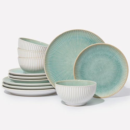 Ceramic Dinnerware Sets for 4, 12pcs Plates and Bowls Sets Dish Set | Stoneware Dishware sets, Microwave & Dishwasher Safe, Cereal Bowls and Dinner Plates Set, Stackable Dishes Set, Green - color: Embossed Green, size: Set (12pcs)