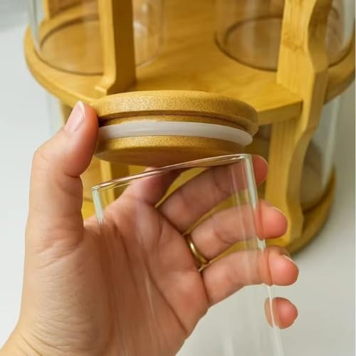 Bamboo Rotating Spice Rack, Herb Organizer with 10 Glass Spice Jars, 360° Lazy Susan Countertop Spice Rack, Kitchen Seasoning Organizer