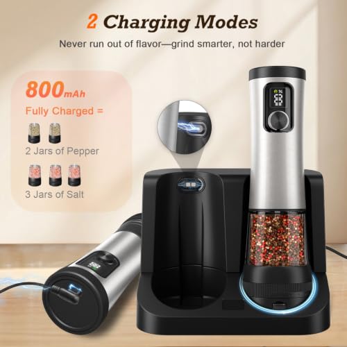 Flelano Electric Salt & Pepper Grinder Set, 2-Speed Setting, Stainless Steel Rechargeable Automatic Pepper Mill Shakers, Charging Base 100ml Capacity External Adjustable Coarseness LED Light,Black - color: Black