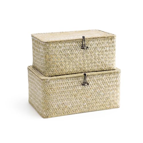 Nonam Storage Basket with Lid, Natural Seagrass Bin with Lid Set of 2, Shelf Baskets Multipurpose Container for Boho Decoration, Rectangular Household Storage Boxes for Home Organization-White - color: White-S+M