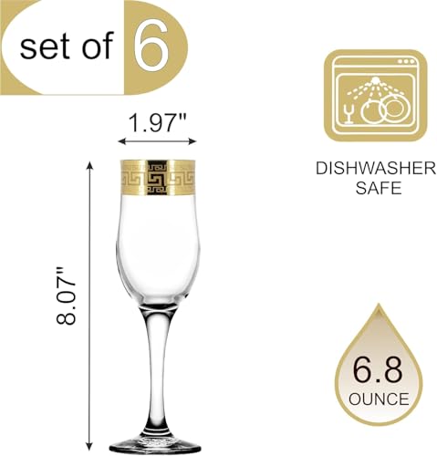 WORLD GIFTS Gold Rimmed Champagne Flutes 6-pieces Glass Set Greek Key Pattern Contemporary Drinkware - color: Champagne