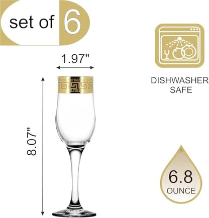 WORLD GIFTS Gold Rimmed Champagne Flutes 6-pieces Glass Set Greek Key Pattern Contemporary Drinkware - color: Champagne