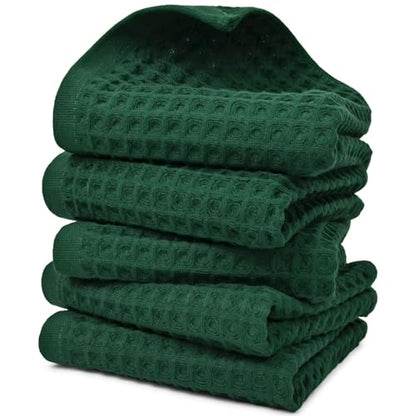 Waffle Hand Towels Set of 5 (Hunter-Green) – Cotton, Quick Dry, Lint Free | 13” x 29”, Bathroom Decor & Kitchen Towels - color: Hunter-green