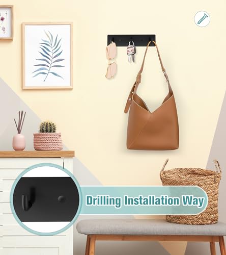 RELBRO Key Holder Wall Mount, Key Rack with 3 Hooks, Small, Black | Metal, Self Adhesive, 2 Installation Options, Matte Finish, Key Holder for Wall Foyer Garage Camper RV - color: Black