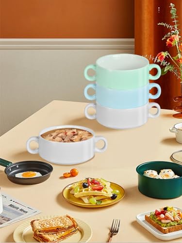 French Onion Soup Bowls with Handles, 12-Ounce Stackable Soup Crocks, Ceramic Soup Bowls Dishwasher, Oven, Microwave Safe, Large Ramekins Bowls Set of 4 (White) - color: White