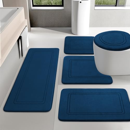 Dark Blue Memory Foam Bathroom Rug Set 5 Piece, Absorbent Bath Mats, Non Slip Bath Mats for Bath Room Washable Dry Quickly Bath Rug Set for Bathroom Floor, Dark Blue Bath Mat Set 5 Piece - color: Dark Blue, size: 5pieces