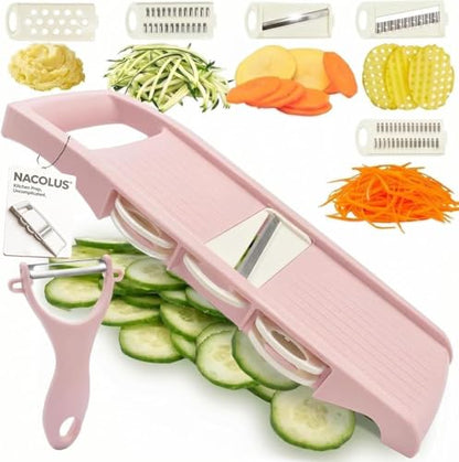 NACOLUS Mandoline Slicer for Kitchen Slicer Vegetable Cutter 5 In 1 Veggie Slicer Potato Slicer waffle fry cutter Hot Swap Mandolin with Peeler for Vegetables Carrot Shredder Cucumber Slicer - Pink | slicer vegetable cutter,hot-swap self-storage,efficient