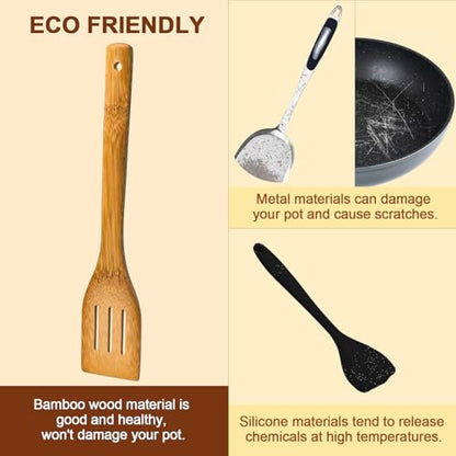 Eisinly Wooden Spoons for Cooking 7-Piece, Kitchen Nonstick Bamboo Cooking Utensils Set, Carbonized Bamboo Durability Spatula Spoon for Everyday Use - color: Carbonized Bamboo, style: Square-edge