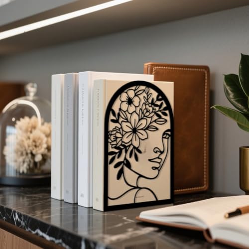 5.3"x4.3"x7.9" Metal Bookends, Heavy Duty Book Ends for Shelves | Lines Flowers With Faces Theme Cast Iron Book Supports, 1 Pair Decor Stoppers for Desk, Library, Office & Home Shelves - style: Lines Flowers With Faces