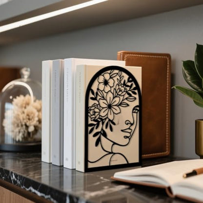 5.3"x4.3"x7.9" Metal Bookends, Heavy Duty Book Ends for Shelves | Lines Flowers With Faces Theme Cast Iron Book Supports, 1 Pair Decor Stoppers for Desk, Library, Office & Home Shelves - style: Lines Flowers With Faces