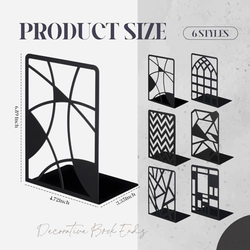 Feifeiya 6 Pairs Decorative Book Ends Metal Bookends for Shelves Black Metal Heavy Duty Book Ends Holder Supports Stoppers for Home Office School, 6.9x4.9x3.5”(Geometrical) - style: Geometrical