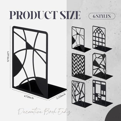 Feifeiya 6 Pairs Decorative Book Ends Metal Bookends for Shelves Black Metal Heavy Duty Book Ends Holder Supports Stoppers for Home Office School, 6.9x4.9x3.5”(Geometrical) - style: Geometrical