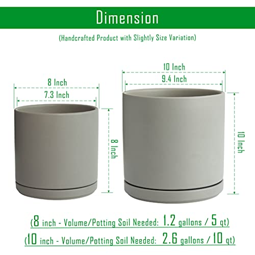 D'vine Dev 2-Pack Ceramic Pots with Saucers, 8/10 in, Grey, 94-G-L-3 | Glazed Ceramic, Drainage Hole, Perfect-Fit Saucer, Sleek Cylinder Shape, High Temperature Fired, Elegant Home Accent - color: Gray, size: Large
