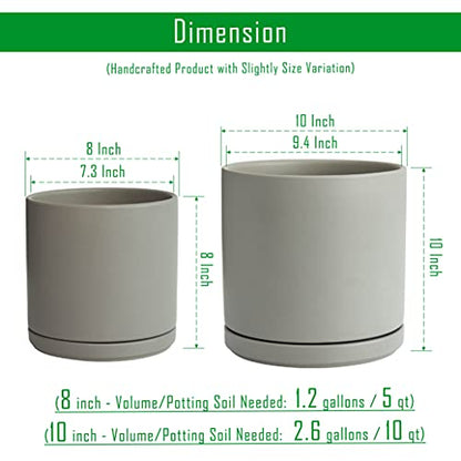 D'vine Dev 2-Pack Ceramic Pots with Saucers, 8/10 in, Grey, 94-G-L-3 | Glazed Ceramic, Drainage Hole, Perfect-Fit Saucer, Sleek Cylinder Shape, High Temperature Fired, Elegant Home Accent - color: Gray, size: Large