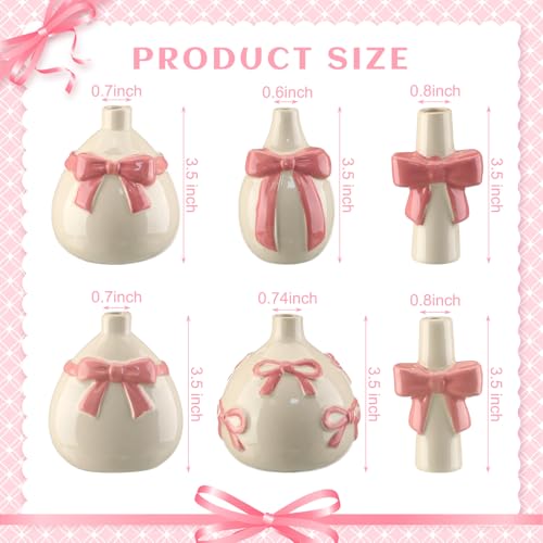 6 Pcs Pink Bow Vase Tiny Ceramic Bud Vase for Girl Coquette Home Decor Small Flower Vases Centerpieces Shelf Table for Living Room Wedding Baby Shower Decor