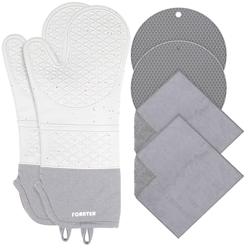 Extra Long Oven Mitts and Potholders 6Pcs Set, 500°F Heat Resistant Kitchen Oven Gloves 15'' Oven Mitts with Non-Slip Silicone Surface Soft Cotton Lining for Cooking, Baking and Grilling - Light Grey - color: Gray, size: 15''-6pcs