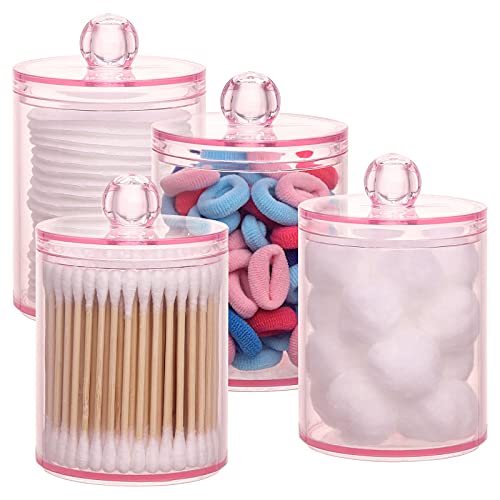 Tbestmax 4 pcs Qtips Holder Bathroom Container, 10 OZ Apothecary Jar, Pink Cotton Ball/Swabs Dispenser Organizer for Storage - color: Pink 10oz*4