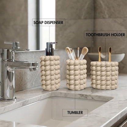 Better Trends Bathroom Accessories Set 3 Pieces Resin Bubble Textured Soap Dispenser, Toothbrush Holder & Tumbler for Vanity, Kitchen Sink & Countertop Organization Sand Nova Collection - color: Sand