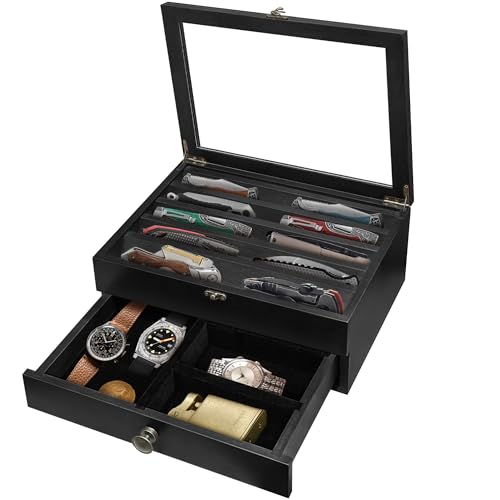 Montex Knife Display Case, Wooden Knife Case, 2- Tier Knife Box, Knife Cases for Collections, Pocket Knife Organizer with Lid, Black (Black, 2 Layer) - color: Black, size: 2 Layer