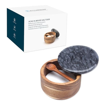 KITCHENDAO Large Acacia Salt Cellar Box Bowl with Built-in Spoon and Marble Lid, Solid Natural Acacia Wood Bath Sea Salt Container, Black Marble Lid, Pepper Sealer Pinch Bowl, 10oz Capacity - color: Black