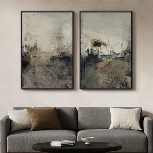 Large Framed Neutral Abstract Wall Art Set of 2 for Living Room, Wabi Sabi Modern Minimalist Black Grey Canvas Artwork for Walls, Rustic Abstract Painting Print Wall Decor for Bedroom Office, 24x36 In - color: Grey Neutral Black