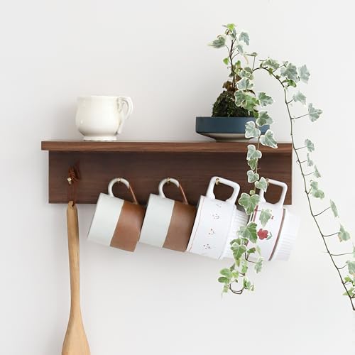 Marine Plywood Wall Mounted Coat Rack with Shelf & Key Hooks, 5 Brass Hooks Entryway Organizer, Modern Floating Shelf for Bedroom Hallway, Space-Saving Home Storage Rack (1, Walnut Finish) - color: Walnut Finish