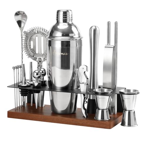 23-Piece Cocktail Shaker Set with Stand, 304 SS, Bartender Kit Gift | Complete Home Bar Set: Leak-proof Shaker, Jigger, Muddler, 18/8 Steel, Gift for beginners, cocktail lovers & house parties - color: Brown