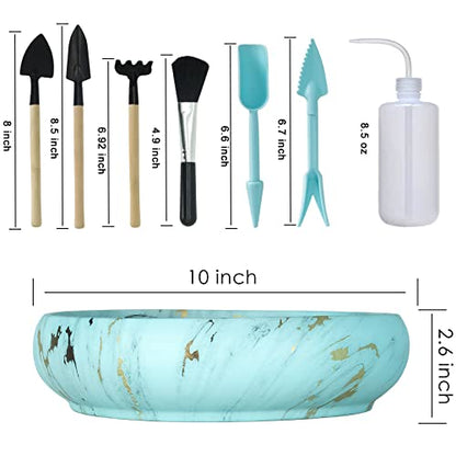 Succulent Pots, 10 Inch Ceramic Bonsai Pots with Drainage, Shallow Planters | Large Pots for Cactus Flower Plants Plus Succulent Planting Tools Set & 2.2lb Mix Pebbles - color: Lake Blue With Tools