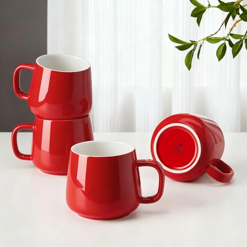 Teocera Ceramic Coffee Mug Set of 4-12 oz Coffee Mugs with Large Handles for Hot or Cold Drinks Like Latte, Cocoa, Tea or Juice - Smooth Ceramic, Dishwasher Safe, Red - color: Red