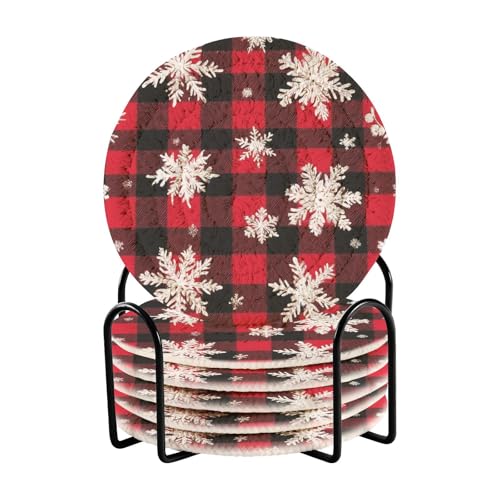 Caikeny 6 Pcs Drink Coasters with Metal Holder Snowflakes Buffalo Plaid Absorbent Coasters Xmas Decorative Woven Coaster Set for Coffee Table - color: Multi 10k1.27