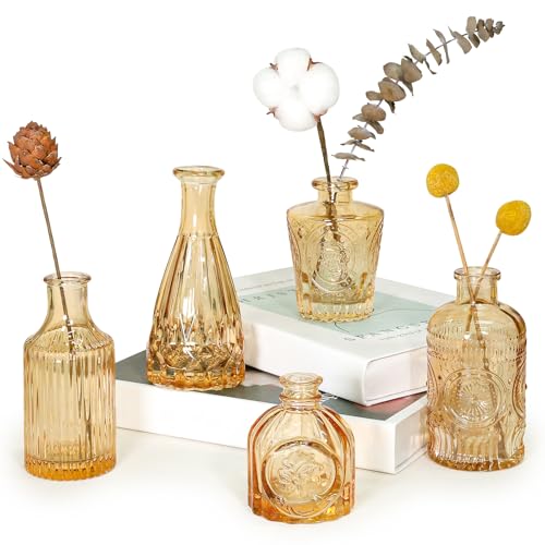 SUPMIND Glass Bud Vases Set of 5, Small Gold Amber Flower Vases in Bulk | Mini Vintage Vase for Table Centerpieces, Wedding, Home Decor, Table Decoration, Baby Shower, Party Decor - color: Gold Amber, size: 5Pcs