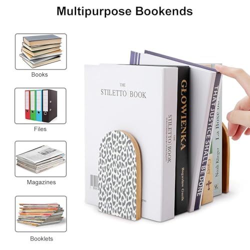 Personalized Wood Book Ends Metal Base Gray Leopard Print Pattern Printing Bookend Modern Heavy Duty Bookends for Home Or Office 1 Pair - color: Gray Leopard Print Pattern