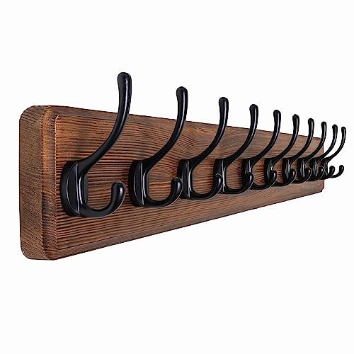 SKOLOO Farmhouse Style Wall Mounted Coat Rack, 38.6'' Pine Solid Wood Coat Hook Hanger - 10 Hooks for Hanging Clothes Robes Towels Coats - color: Brown Plate & Black Hook, size: 1 Item-10 Hooks