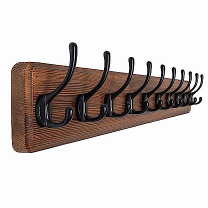 SKOLOO Farmhouse Style Wall Mounted Coat Rack, 38.6'' Pine Solid Wood Coat Hook Hanger - 10 Hooks for Hanging Clothes Robes Towels Coats - color: Brown Plate & Black Hook, size: 1 Item-10 Hooks