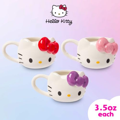 Silver Buffalo Sanrio Hello Kitty Bows, 3D Sculpted Mini Cup Set, 3.5oz | Different Color, Pack, Ceramic, Milk, Includes Handles, Perfect as a Sugar, Cream, 0.1 Liters - color: Hello Kitty With Handle