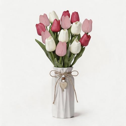 Artificial Tulip Flower Arrangement in Ceramic Vase with Rustic Heart Charm, 15 PCS PU Real Touch Faux Floral Table Centerpiece for Home, Dining Table, Wedding Décor, White Red and Pink - color: 3 Color Mixed 2