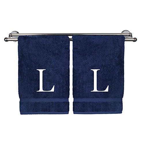 Monogrammed Hand Towel, Personalized Gift, Set of 2- White Block Letter Embroidered Towel - Extra Absorbent 100% Turkish Cotton - Soft Terry Finish - Initial L Navy - color: Navy & White, size: Initial L