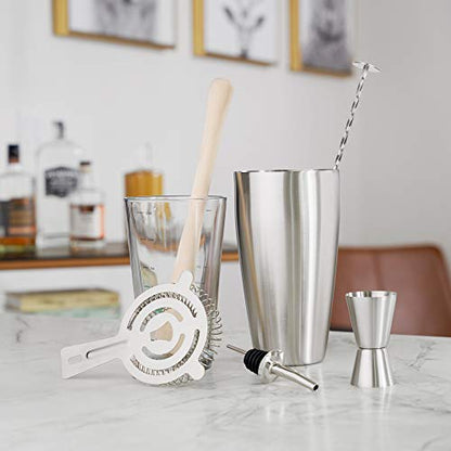 True 7-Piece Barware Set for Mixed Drinks and Cold Brew Cocktails, Includes Boston Cocktail Shaker Tin, Mixing Glass, Jigger, Muddler, Strainer, Bar Spoon, Pour Spout for Home Bar, Bartender Gifts - size: 7 Piece